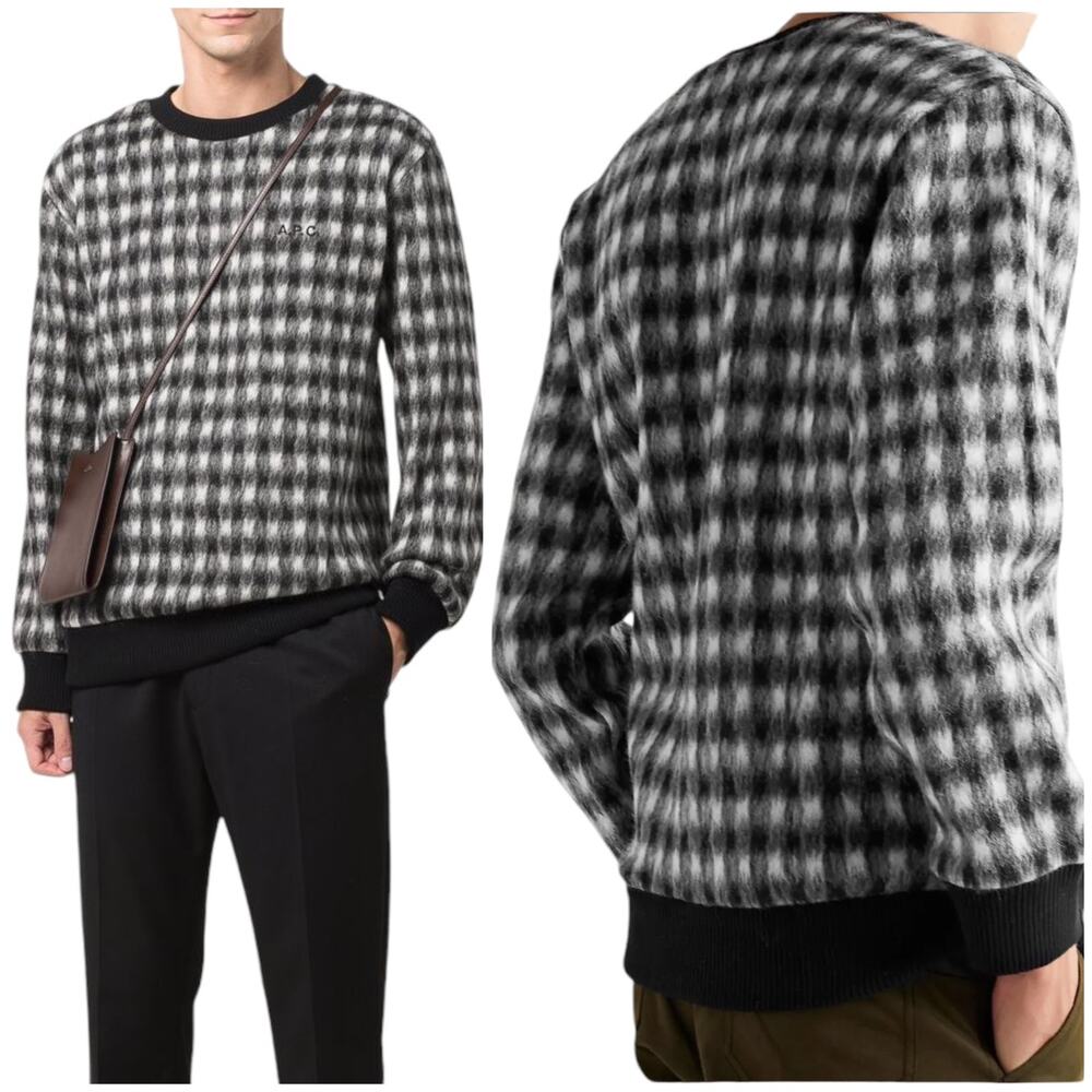 A.P.C. NWT Heidi Crewneck Embroidered Checked Brushed-Fleece Sweatshirt Size M
